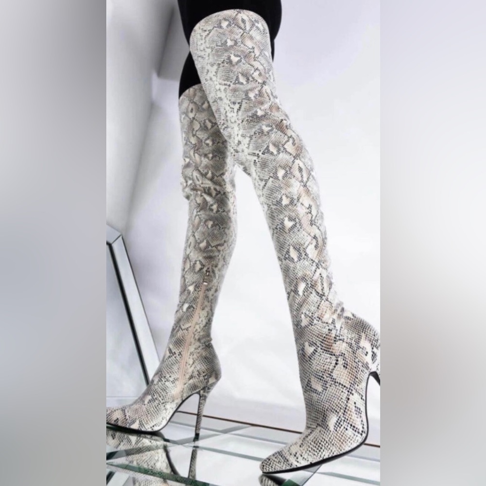 Snakeskin thigh high boots